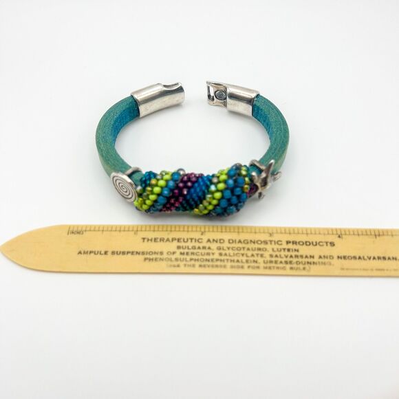 Leather Bracelet Partially Wrapped in Beads Nautical Theme Magnetic Closure - Picture 6 of 7